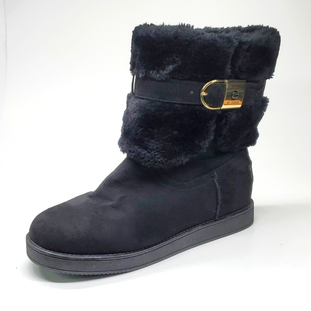 G By Guess Addalyn Black Faux Fur Ankle Strap Ankle Boot